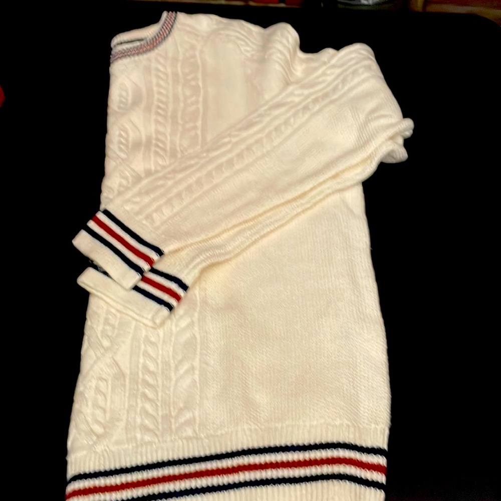 Lands' End mens Lighthouse Cable Waffle Crewneck Sweater, Cream, size L